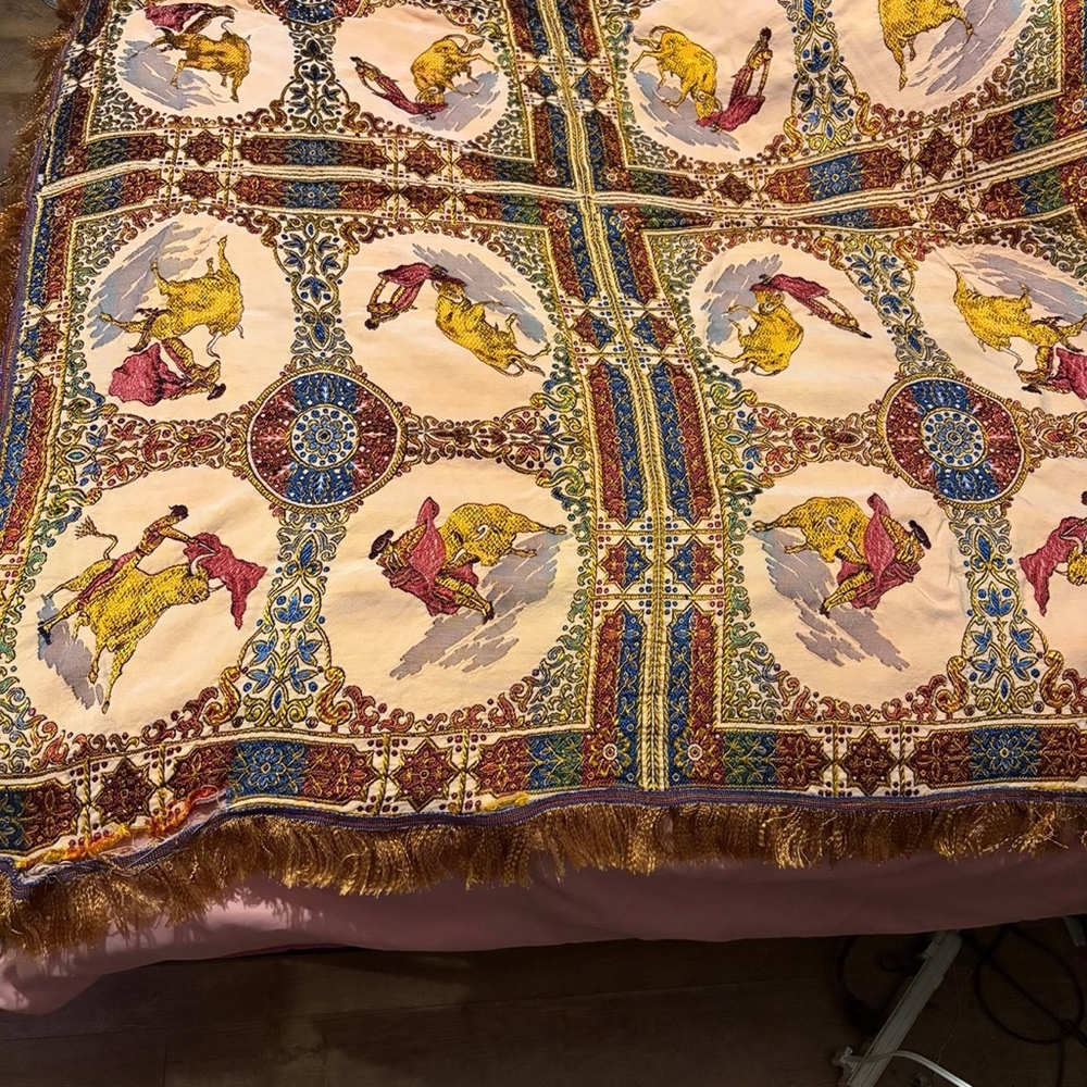 Vtg Embroidered Silk Spanish Bullfighter Textile Fringe Wall Hanging Tablecloth